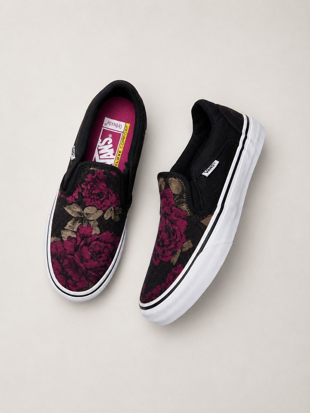 Vans Size 6.5 / Euro 36.5 Slip-On Floral Canvas Sneakers - Black & Burgundy